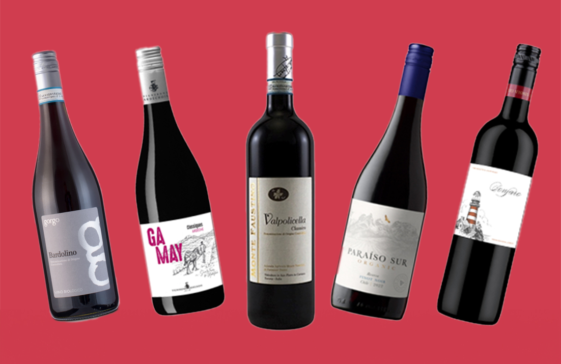 Five bottles of red wine