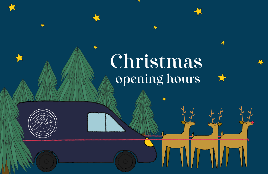 Christmas Opening Hours - delivery van with reindeer in forest