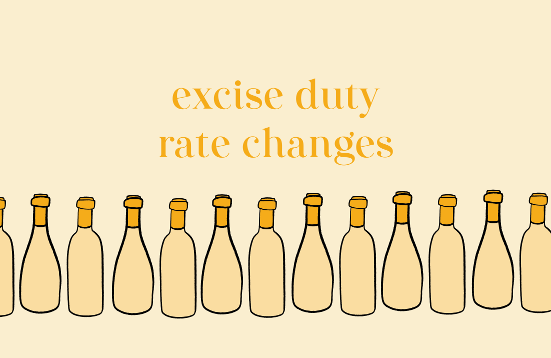 Row of wine bottles with text: Excise Duty Rate Changes