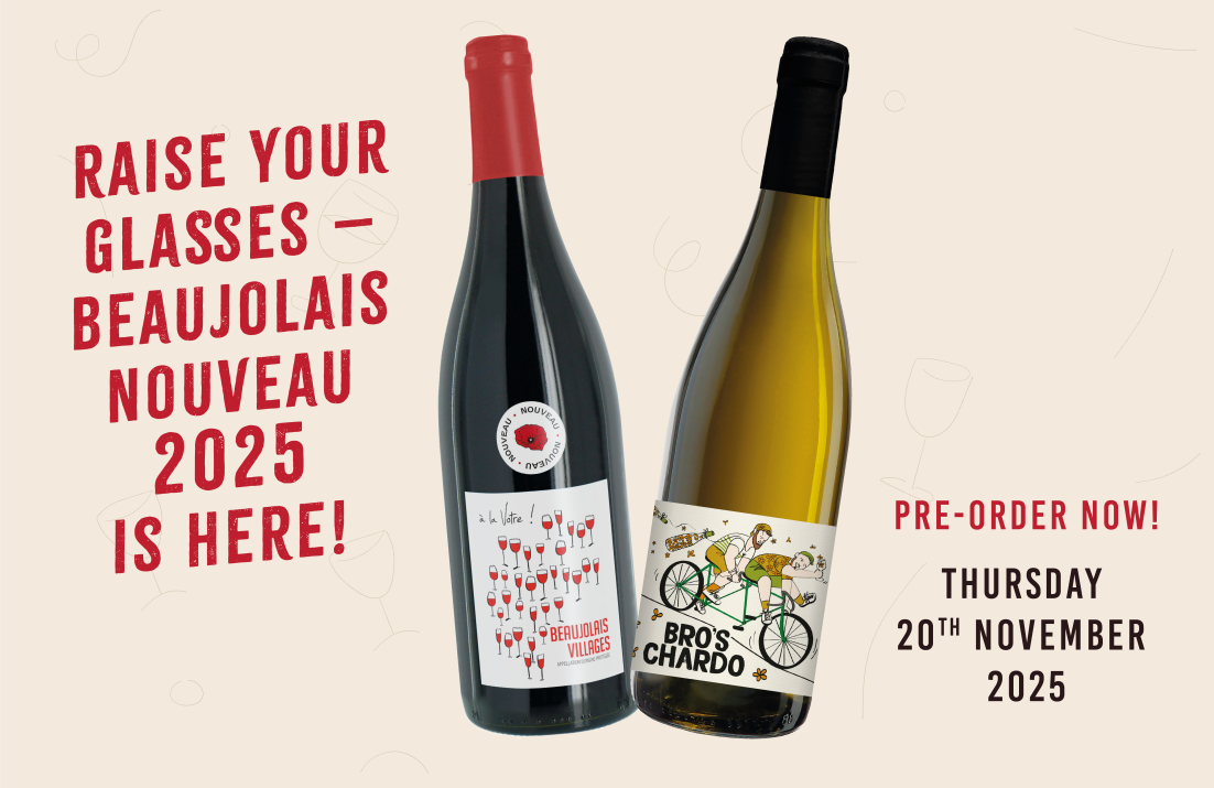 Red and white Beaujolais wine bottles