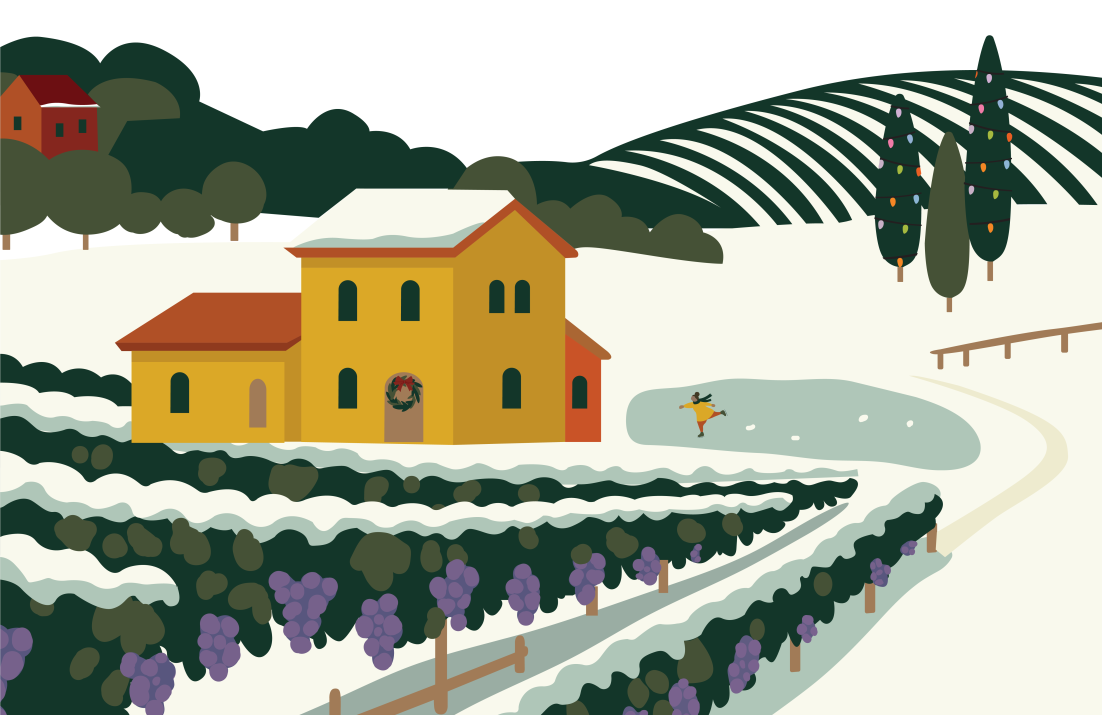 Illustrated snowy scene with vineyard and ice skater