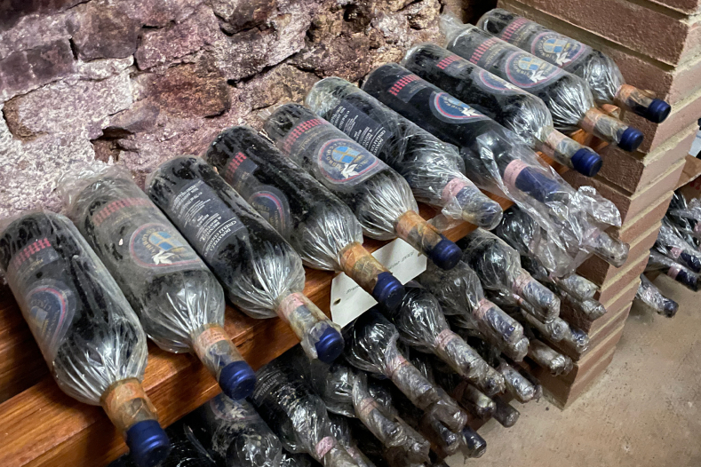 Colombini wine bottles in cellar