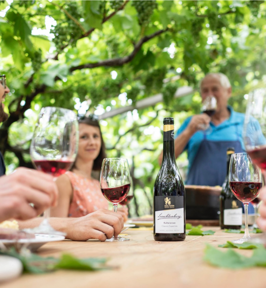 People drinking red wine round a table