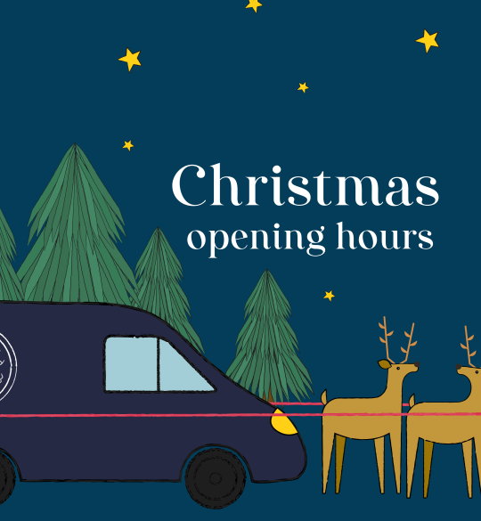 Christmas Opening Hours - delivery van with reindeer in forest