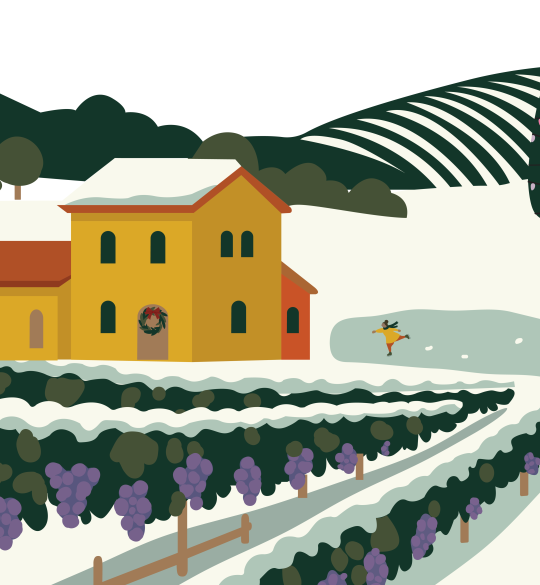 Illustrated snowy scene with vineyard and ice skater